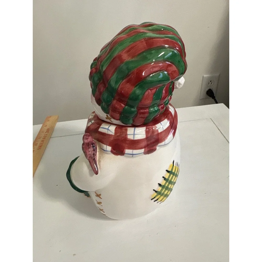Holly Tree Snowman Cookie Jar Christmas Ceramic Holiday Canister Red Green 11in